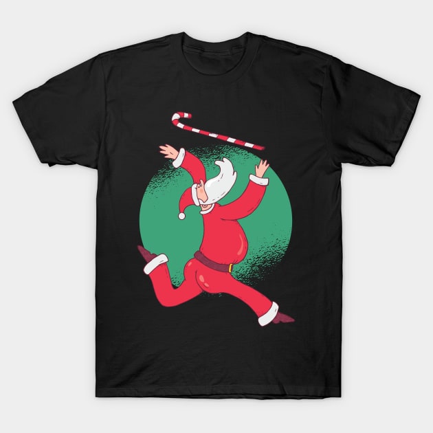 Funny Christmas Santa Baton Twirling a Candy Cane T-Shirt by madeinchorley